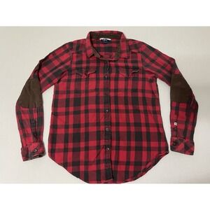 Kavu Top Womens Medium Red Black Plaid Elbow Patch Flannel Button Up Outdoor